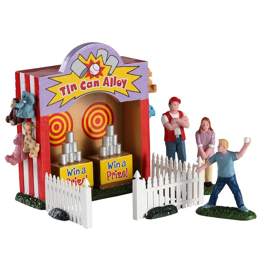 Tin Can Alley Set Of7 Lemax gioco delle lattine colorato con struttura rossa e viola, personaggi dipinti a mano e bersagli del Villaggio di Natale Lemax Carnival Village. | Dematteis.it