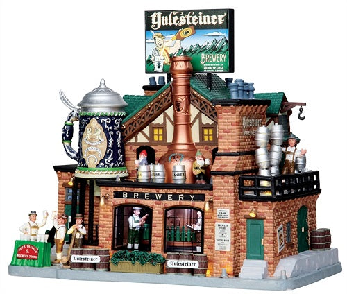 Yulesteiner Brewery Lemax birrificio animato per Villaggio di Natale con bottiglie rotanti e gnomi operai in movimento, perfetto centro decorativo - Dematteis.it