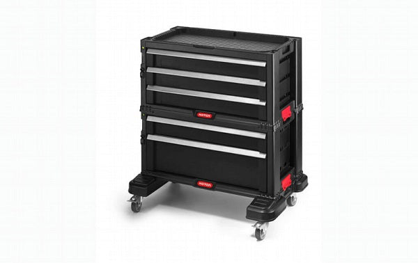 Carrello Keter porta attrezzi 5 cassetti con struttura robusta in nero, cassetti con finiture metalliche, sistema di chiusura di sicurezza e ruote per facile spostamento, ideale per organizzazione in casa e officina. | Dematteis.it